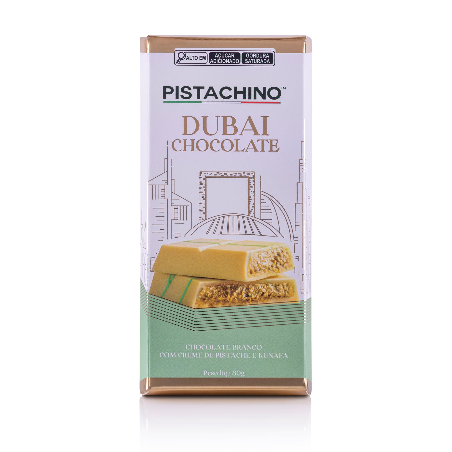 BARRA DE CHOCOLATE DUBAI BRANCO COM PISTACHE E KUNAFA 80G - PISTACHINO