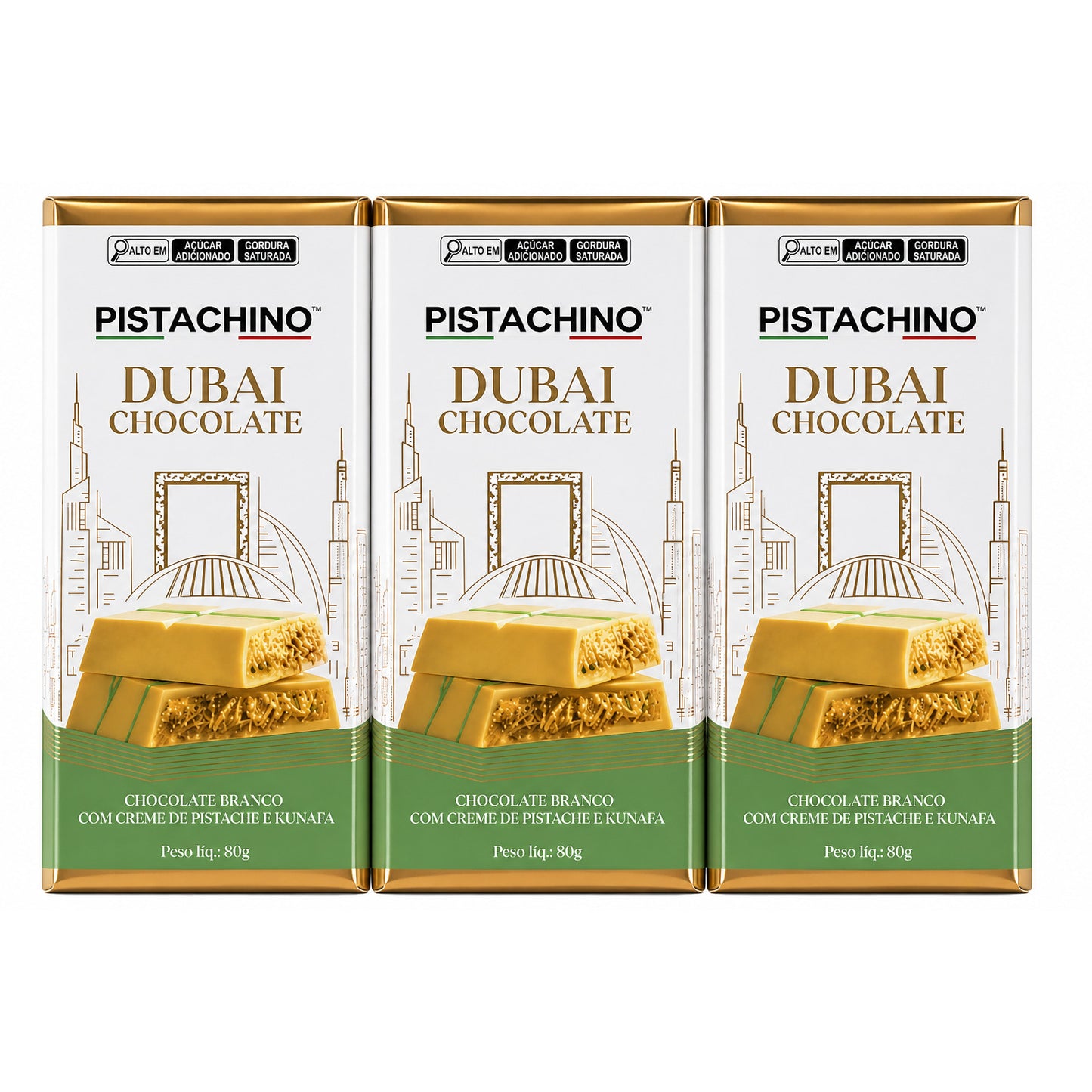 KIT 3 BARRAS DE CHOCOLATE 80G PISTACHE KUNAFA  - BRANCO