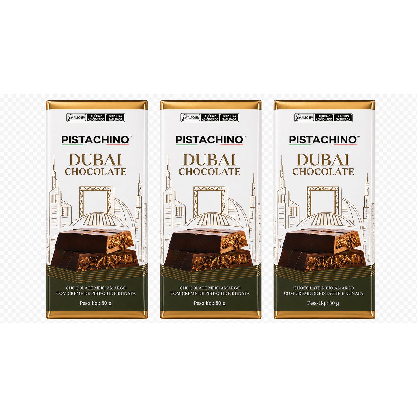 KIT 3 BARRAS DE CHOCOLATE 80G PISTACHE KUNAFA  - MEIO AMARGO