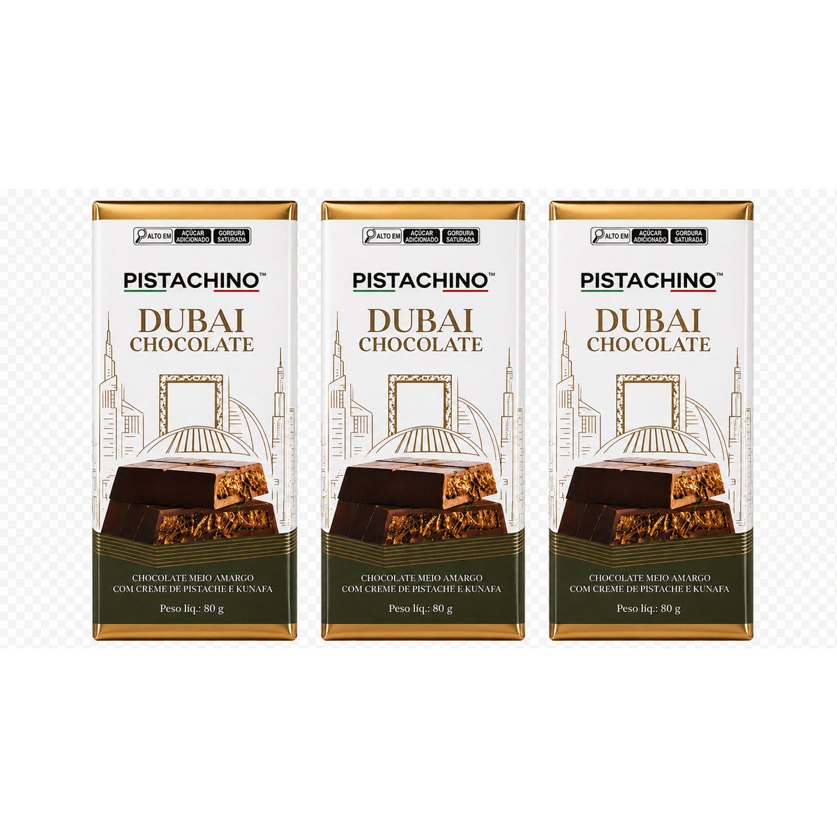 KIT 3 BARRAS DE CHOCOLATE 80G PISTACHE KUNAFA  - MEIO AMARGO